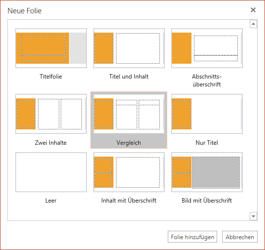 Das Dialogfeld "Neue Folie" in PowerPoint Online enthält mehrere Folienlayouts zur Auswahl