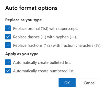 Wählen Sie die gewünschten Optionen für das automatische Format aus, und wählen Sie OK aus.