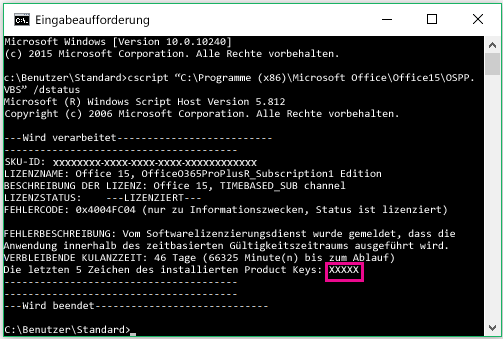Eingabeaufforderung mit den letzten fünf Stellen des Product Keys