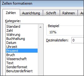 Kategorie 'Prozent' im Dialogfeld 'Zellen formatieren'