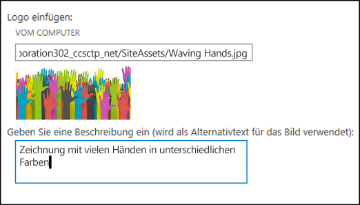 SharePoint Online-Dialogfeld "Titel und Logo" ("Neue Website"), in dem angezeigt wird, wie Alternativtext für ein Logobild erstellt wird