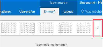 Screenshot der ersten sechs Tabellenformatvorlagen und der Schaltfläche "Weitere" zum Anzeigen aller Tabellenformatvorlagen