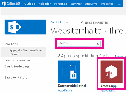 Suchen nach einer Access-App auf der Seite "App hinzufügen" in SharePoint