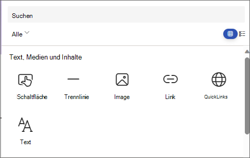 Screenshot des Bereichs zum Auswählen eines Webparts mit Schaltfläche, Trennzeichen, Bild, Link, Quicklinks und Text.