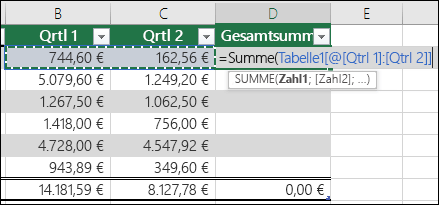 Eingeben einer einzelnen Formel in eine Tabellenzelle, die zum Erstellen einer berechneten Spalte automatisch vervollständigt wird