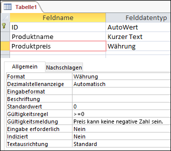 Im Access-Tabellen-Designer angezeigte Feld-Gültigkeitsprüfungsregel