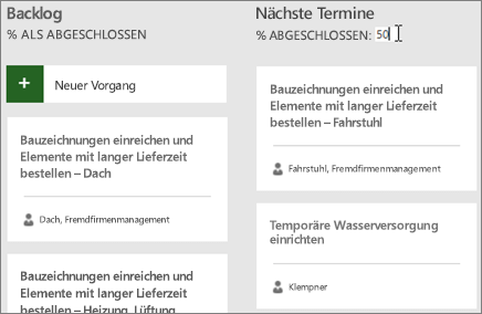 Screenshot des Task Boards, auf dem der Cursor die Zahl "50" für "Prozent abgeschlossen" eingibt