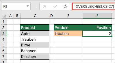 Beispiel für die Verwendung von XVERGLEICH zum Suchen der Position eines Elements in einer Liste.