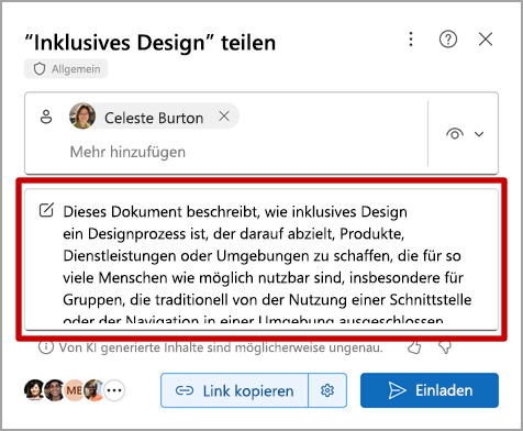 Screenshot von Copilot in Word mit KI-generierter Zusammenfassung beim Teilen einer Datei