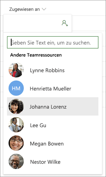 Die Spalte "zugewiesen an" in Project, mit der eine Namenssuche angezeigt wird