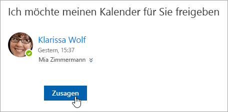 Screenshot der Schaltfläche "Annehmen" in einer E-Mail-Benachrichtigung über einen freigegebenen Kalender