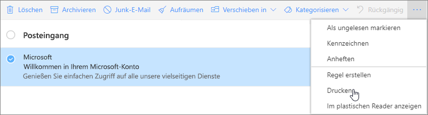 Der Screenshot zeigt die ausgewählte Option "Drucken" für eine E-Mail-Nachricht.