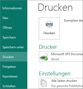 Screenshot der Druckoptionen in Publisher