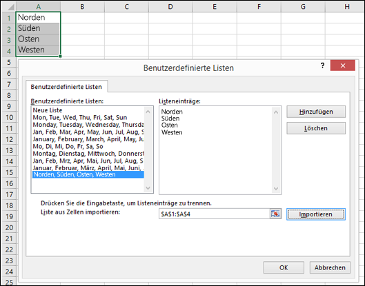 Zugriff auf Dialogfeld "Benutzerdefinierte Liste" über "Datei" > "Optionen" > "Erweitert" > "Allgemein" > "Benutzerdefinierte Listen bearbeiten". In Excel 2007 klicken Sie auf die Office-Schaltfläche > "Excel-Optionen" > "Häufig verwendet" > "Benutzerdefinierte Listen bearbeiten".