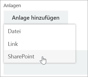 Screenshot des Bereichs "'Anlagen" eines Aufgabenfensters mit geöffneter Liste "Anfügen"