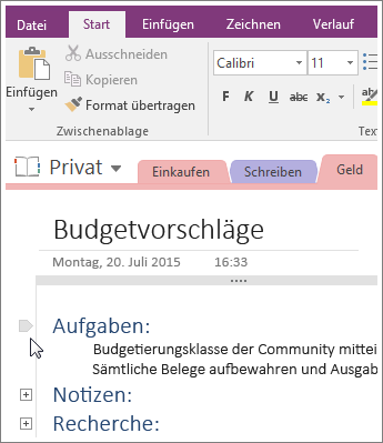 Screenshot: Reduzieren einer Gliederung in OneNote 2016