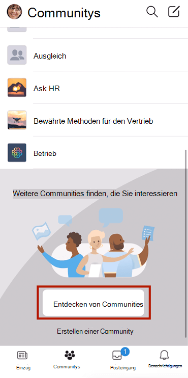 Screenshot: Suchen von Yammer Communitys auf Mobilgeräten mit Auswahl