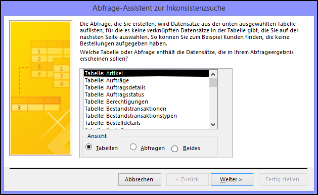 Dialogfeld "Abfrage-Assistent zur Inkonsistenzsuche": Auswählen einer Tabelle oder Abfrage