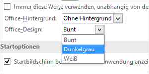 Dropdownmenü "Office-Design" mit den Designoptionen "Farbig", "Dunkelgrau" und "Weiß"