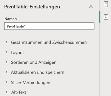 Bereich "PivotTable-Einstellungen" in Excel im Web