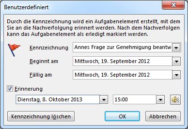 Dialogfeld 'Benutzerdefiniert' zum Festlegen von Erinnerungen, Start- und Fälligkeitsdaten
