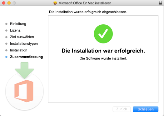 Zeigt die letzte Seite im Installationsvorgang an, die angibt, dass die Installation erfolgreich war.