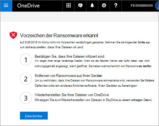 Screenshot des Bildschirms "Anzeichen von Ransomware erkannt" auf der OneDrive-Website