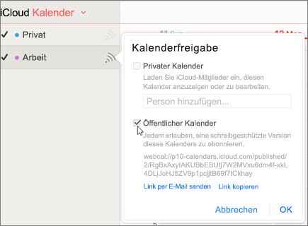 Einstellungen für den öffentlichen Kalender in iCloud