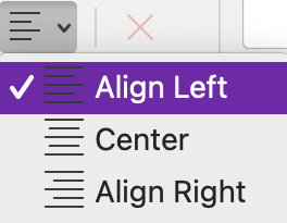 Das Menü Absatzausrichtung in OneNote für Mac.