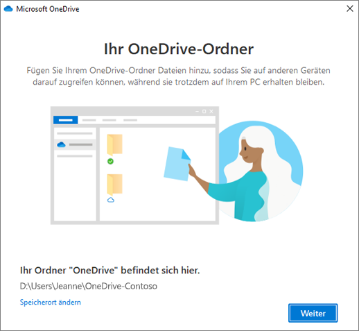 Der Bildschirm "Dies ist Ihr OneDrive-Ordner" im Assistenten "Willkommen bei OneDrive"