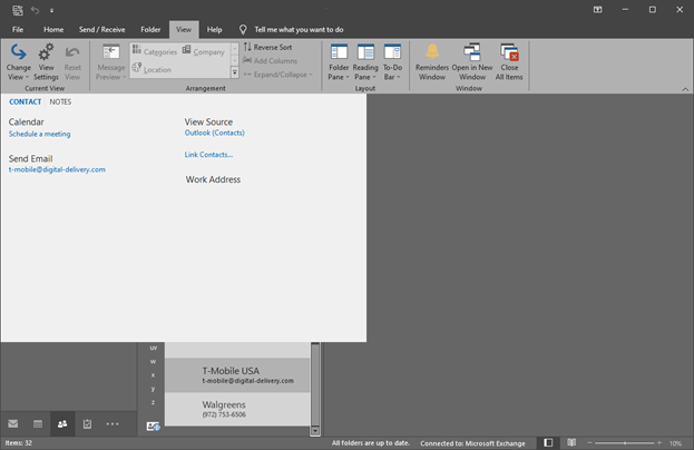 Screenshot: Outlook Personen-Ansicht, die von einem Kontakt Karte