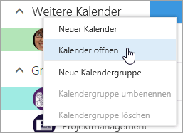 Screenshot des Kontextmenüs "Andere Kalender", in dem "Kalender öffnen" ausgewählt ist.