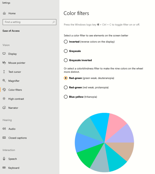 Die Farbfiltereinstellungen für die Farbblindung unter Windows.