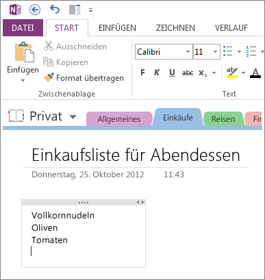 Klicken Sie auf eine beliebige Stelle, um Notizen in OneNote einzugeben.