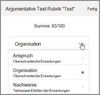 Wählen Sie den Abschnitt der Aufgabe des Kursteilnehmers aus, den Sie benoten möchten.