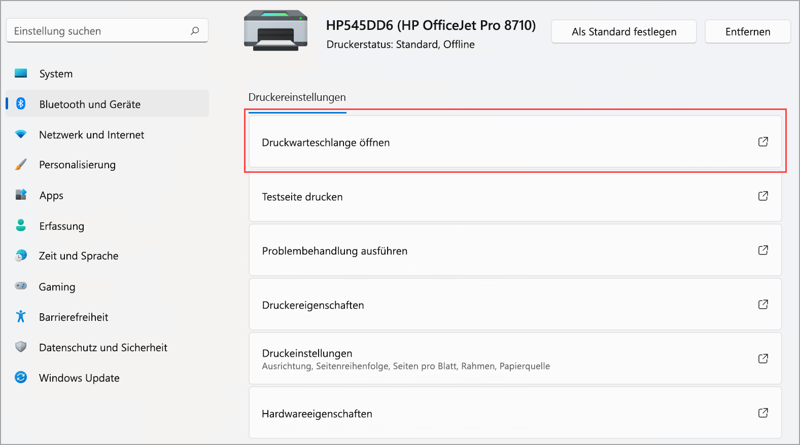 Wo sich „Druckwarteschlange Öffnen“ für Ihren Drucker in den Windows 11-Einstellungen befindet. 