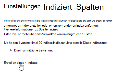 Seite "Indizierte Spalten", "Neuen Index erstellen" hervorgehoben