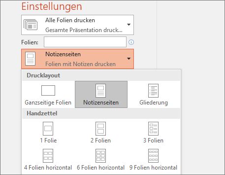 Screenshot der Option "Notizen drucken"