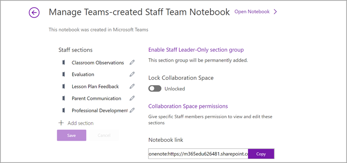 Screenshot der Einstellungsverwaltungsseite für Mitarbeiternotizbücher in OneNote.