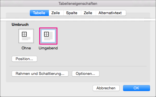 Klicken Sie auf "Umgebend", damit der Text die ausgewählte Tabelle umfließt.
