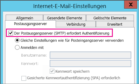 Wählen Sie mein Postausgangsserver erfordert Authentifizierung aus.