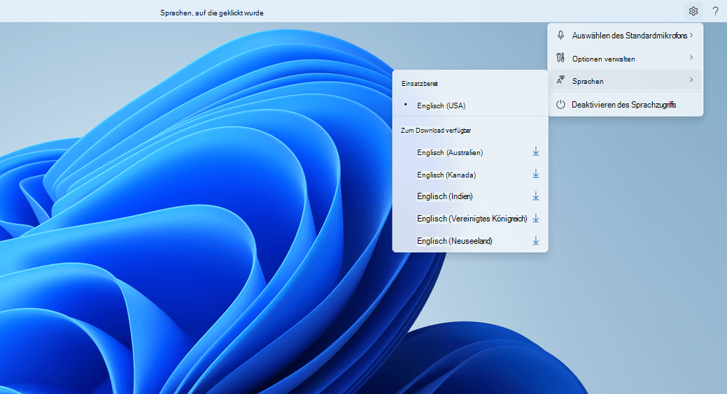 Die Schaltfläche "Einstellungen" ganz rechts auf der Benutzeroberfläche für den Sprachzugriff wird erweitert, um die vier Optionen anzuzeigen: Standardmikrofon auswählen, Optionen verwalten, Sprachen und Sprachzugriff deaktivieren. Die Option Sprachen wird weiter erweitert, um die Sprachen anzuzeigen.