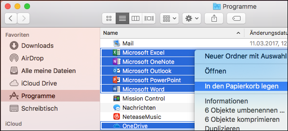 Verschieben der Office-Apps in den Papierkorb