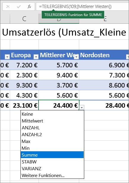 Beispiel für das Auswählen einer Formel für eine Ergebniszeile in der Dropdownliste "Formel für Ergebniszeile"