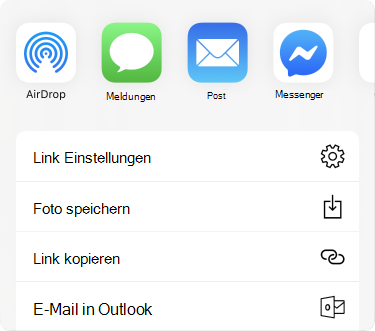 Menü „Freigabe“ mit Apps am oberen Rand und einer Liste von Freigabeoptionen darunter.