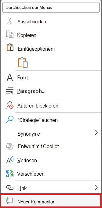 Das Kontextmenü "Neuer Kommentar".