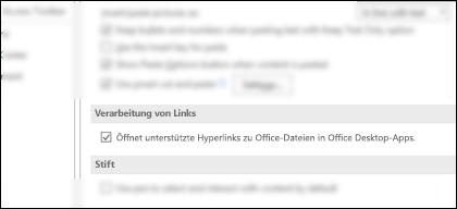 Das Dialogfeld Optionen > Erweitert mit der Einstellung zum Aktivieren oder Deaktivieren des Öffnens von Links in den Desktopanwendungen.
