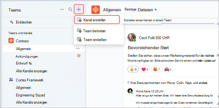 Screenshot: Navigation von Teams zum Erstellen eines Kanals