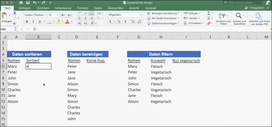 Screenshot von Excel-Daten mit dynamischen Arrays