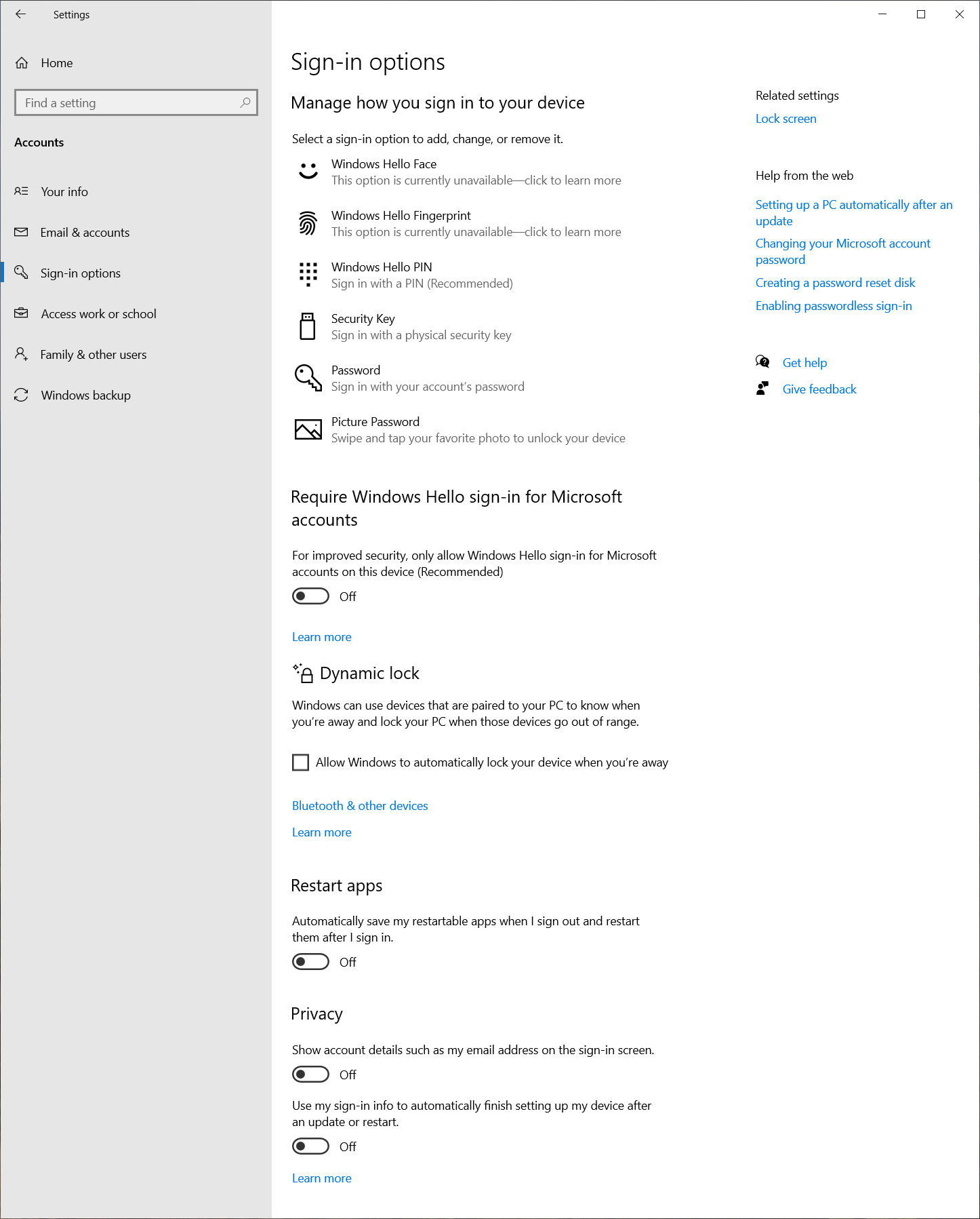 Screenshot der Anmeldeoptionen in Windows 10.